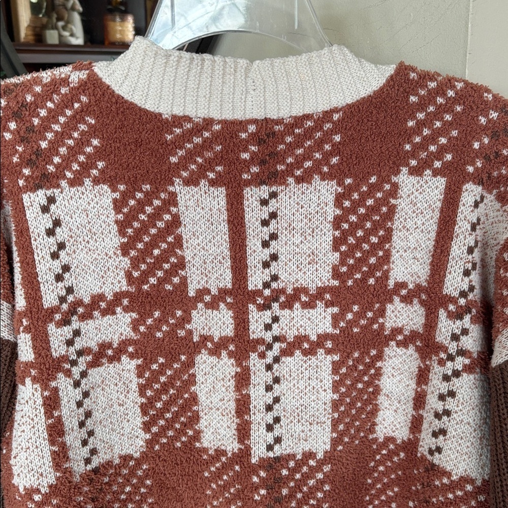 Love Riche Cozy Chic Mixed Knitted Rust Oversized Cardigan Button Down Plaid - Picture 9 of 12